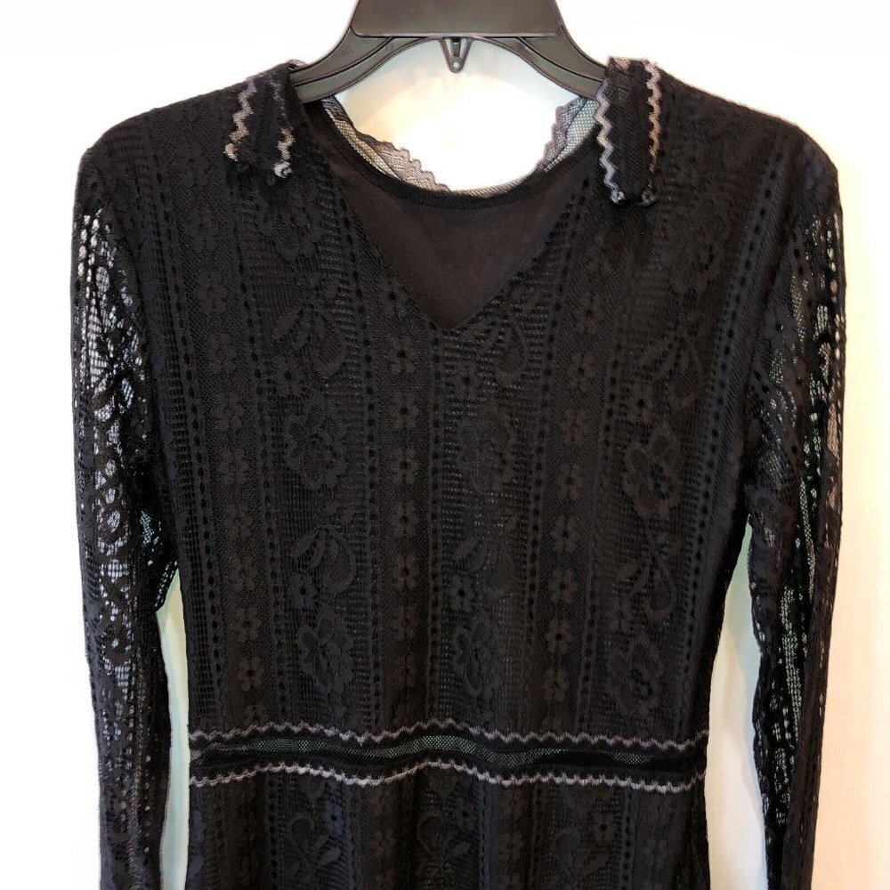 New Aphratti Womens Medium Black Floral Lace Long Sleeve V Neck A-Line Dress M - Picture 4 of 10